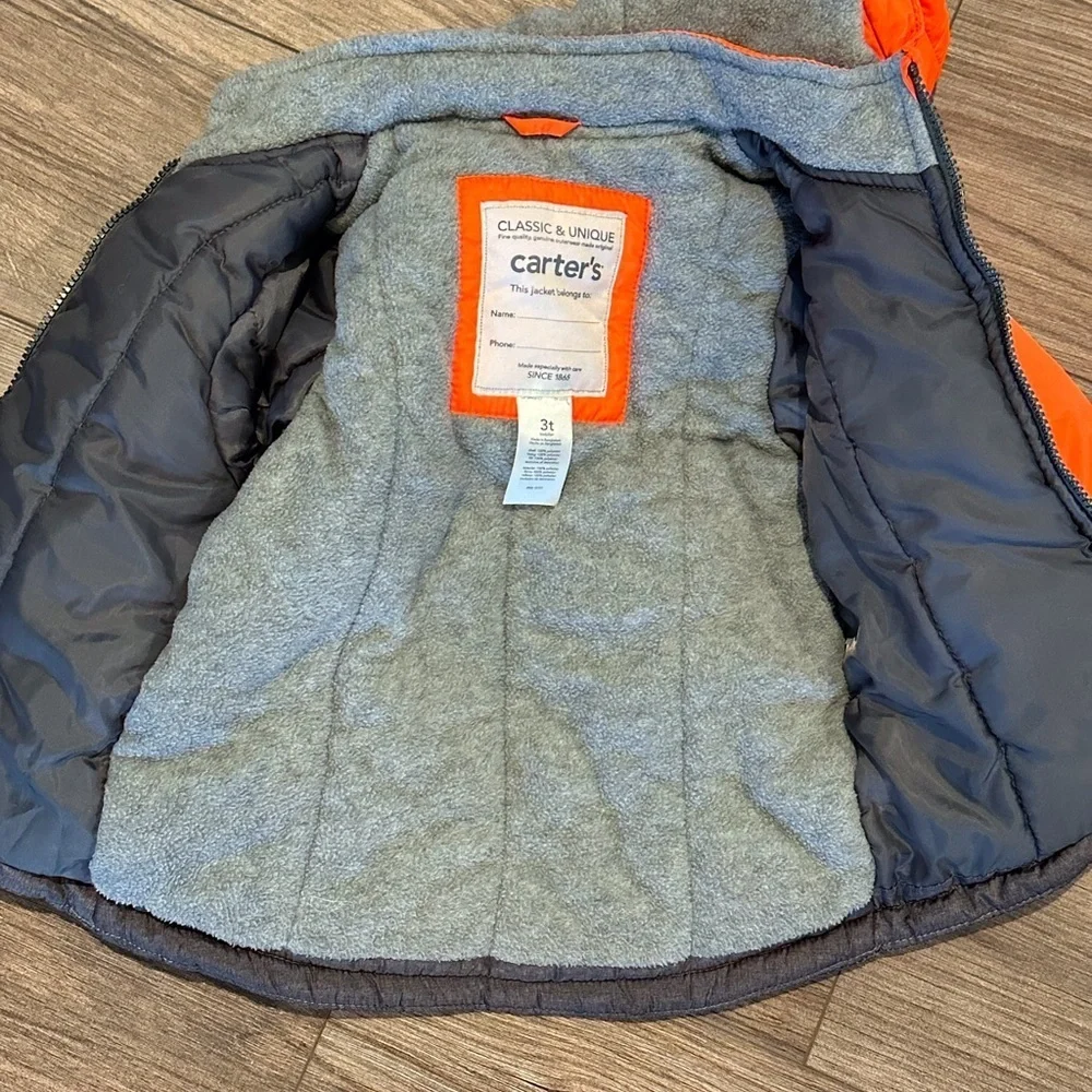 Carter’s Boys 3T Insulated Orange and Gray Winter Zip Up Jacket